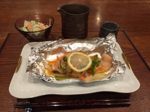 鮭のホイル焼きと越乃寒梅
